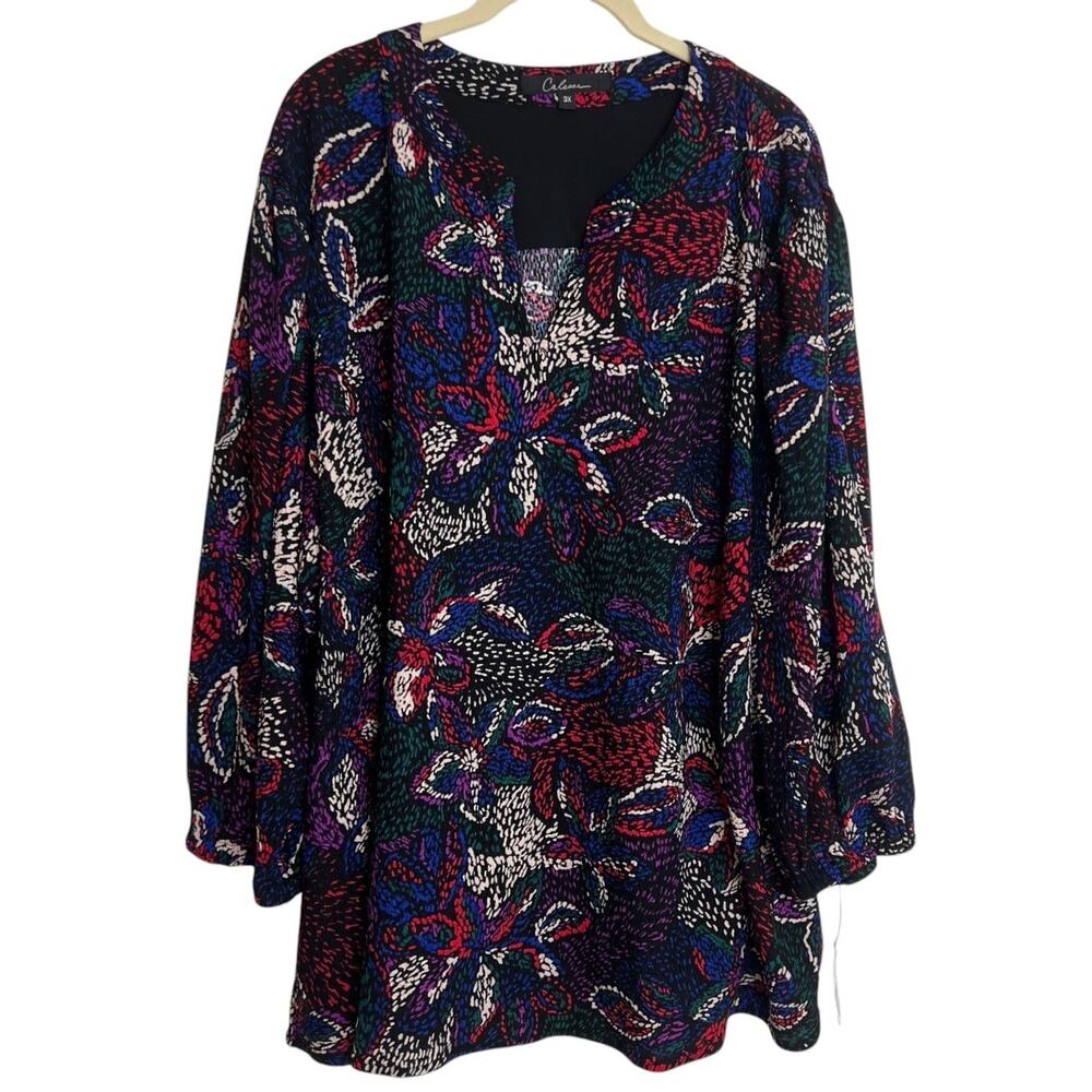 Calessa Womens Top 3X Multicolor Abstract Floral Print 3/4 Sleeve Tunic